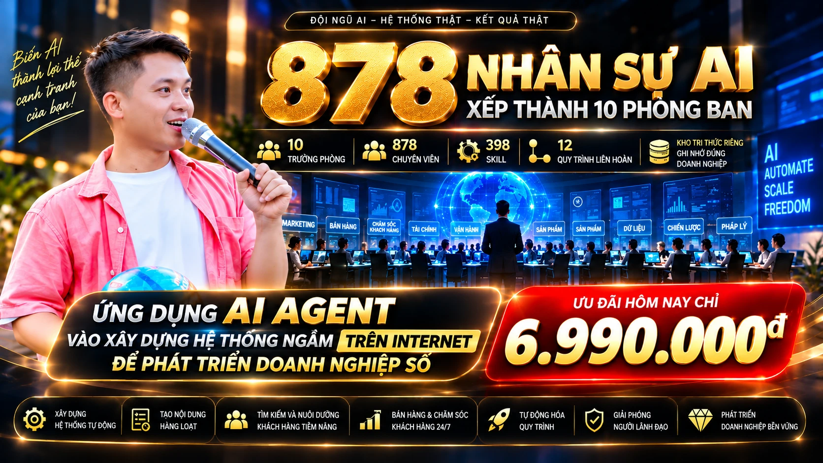 Bộ Não AI V3 · 878 Nhân Sự AI xếp thành 10 phòng ban — 10 trưởng phòng, 398 Skill, 12 quy trình liên hoàn, kho tri thức riêng. Ứng dụng AI Agent vào xây dựng hệ thống ngầm trên Internet để phát triển doanh nghiệp số. Lê Văn Cương. Ưu đãi hôm nay 6.990.000đ.