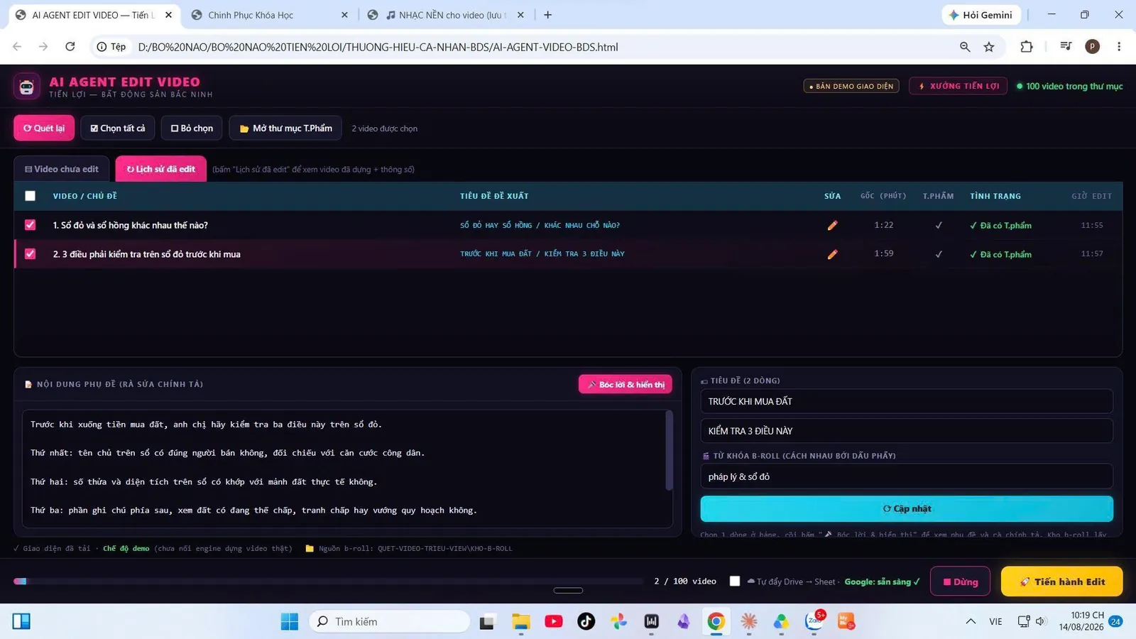 Hệ thống AI Agent Edit Video bất động sản, 100 video trong một thư mục